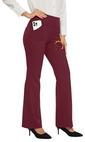Desol Thermo Bootcut yogabyxor för kvinnor med innerfleece, fleecefodrade utsvängda byxor med 4 fickor, vintersportbyxor för kvinnor långa, hög midja stretch varma joggingbyxor, Burgund, XL