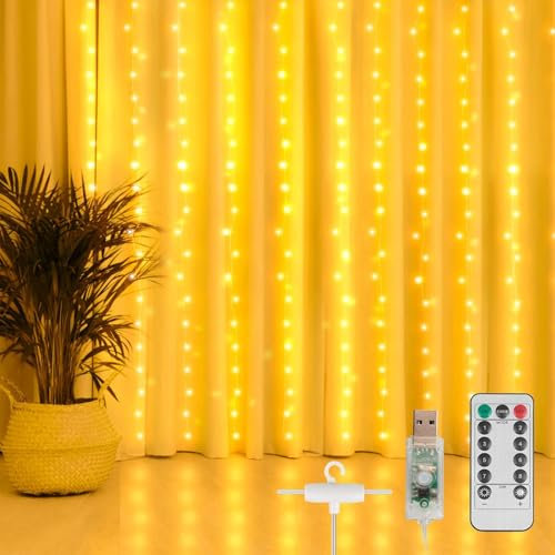 LED Lichtervorhang 3x2m, 200 LEDS USB Lichterkettenvorhang, 8 Modi LED Lichtervorhang Außen Mit Fernbedienung, IP65 Wasserdicht LED Lichterketten für Schlafzimmer, innen außen Dekoration Warmweiß