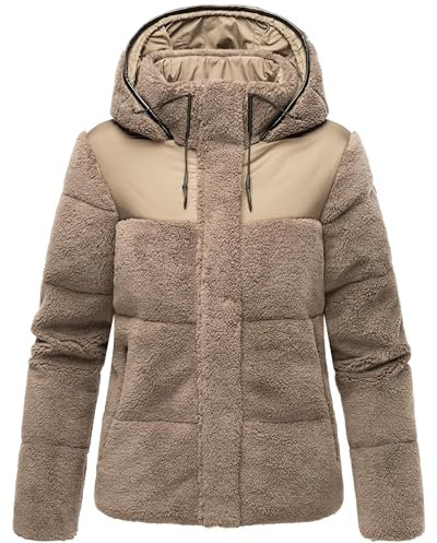 MARIKOO Damen Teddy-Fleecejacke warme Übergangsjacke Gesteppte Plüschjacke in angesagtem Materialmix mit Kapuze Kaguraa 16 Stone Brown Gr. XXL