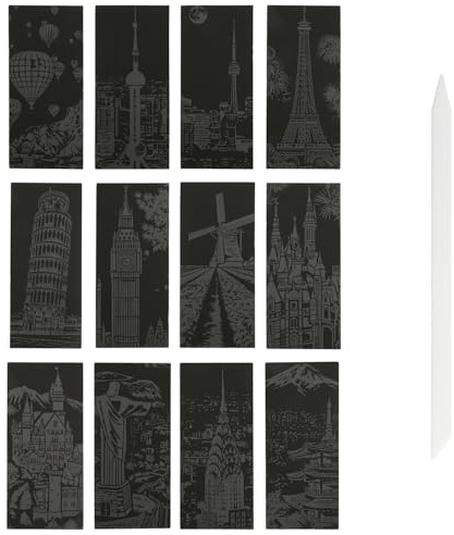 Tabanzhe 12PCS Scratch Art Paper-World Famous City Landmarks Rainbow Scratch Paper with Scratching Tool Night View Engraving Art Craft Kit
