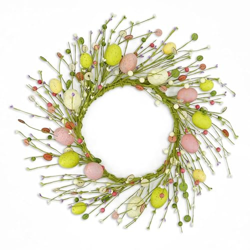 AMF0RESJ Artificial Easter Wreaths for Front Door Easter Egg Wreath with Colorful Eggs,Berry,Wooden Button for Front Door Indoor Outdoor Farmhouse Home Wall Window Festival Wedding Decor