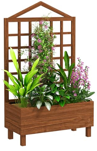 Outsunny Wooden Planters with Trellis for Vine Climbing, Raised Beds for Garden Patio, Outdoor Planter Box for Vegetables, Flowers, Herbs, 90 x 43 x 150 cm, Distressed Brown