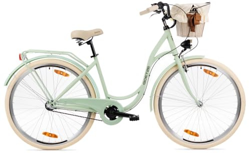 Goetze Style 28 Zoll Damen Citybike, 18 Zoll Tiefeinsteiger Stahlrahmen, 3-Gang Nabenschaltung, Rücktrittbremse, V-Bremse, LED-Beleuchtung, Rattankorb, Komfortsattel, mit Ständer & Klingel