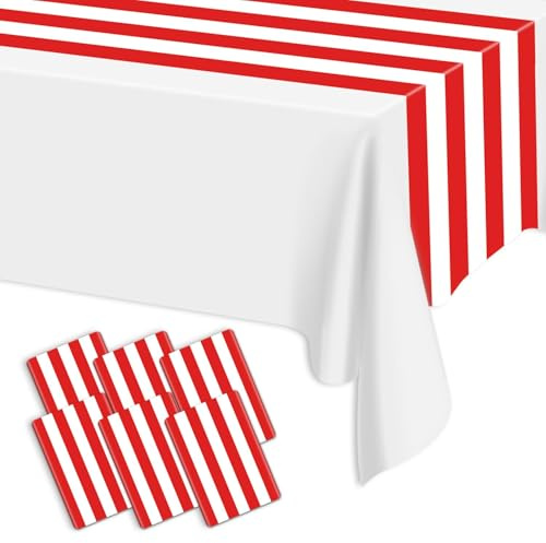 Confezione da 6 runner da tavola a righe rosse e bianche, 35,5 x 274 cm, in plastica, usa e getta, classiche, decorazione da tavolo per feste di compleanno, matrimoni, circhi, celebrazioni
