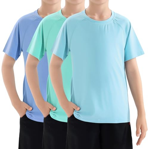 Rashguard pour Garçons -3 Pièces Maillot de Bain à Manche Courte Anti-UV, UPF50+ Costumes de Bain pour Enfants à Séchage Rapide Menthe/Bleu Clair/Bleu (XL/14-16)