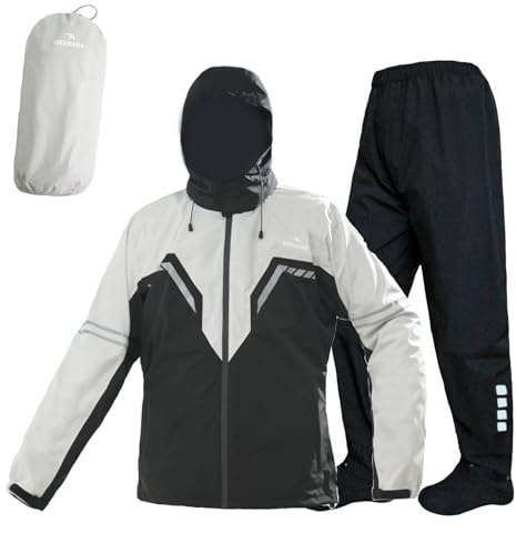 VIKAMAKA Combinaison de pluie imperméable de moto pour homme, respirante et légère à capuche réfléchissante, veste de pluie et pantalon pour homme (gris et noir, taille XL)