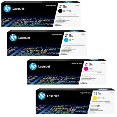 HP Original 219A Black, Cyan, Magenta, Yellow Toner Cartridges Set Multipack in original Box with Hologram, compatible with: Color Laserjet Pro 3202, MFP 3302