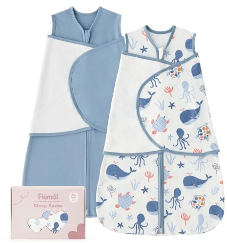 FIEMOL Baby Swaddle Sleep Sack 0-3 Months, Swaddles for Newborns Boy Girl, 3-Way Adjustable Infant Swaddle Wearable Blanket with Zipper & Detachable Wrap, 2 Pack Soft Snug Blue Whale