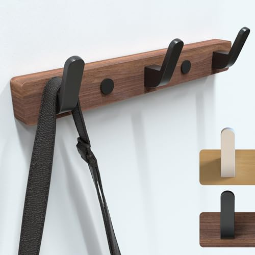 SunVFaFa Perchero de pared negro de 25 cm, de madera, para ropa, perchero rústico con 3 ganchos de metal para colgar en dormitorio, oficina, entrada, pasillo, nogal, aluminio