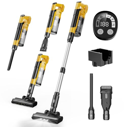 700W/60KPa/70Min Aspirador Sin Cable para baterías DEWALT 20V(batería no incluida), Aspiradora Escoba Vertical Potente con Pantalla Táctile LED, Cepillo Antienredos, para Pelo Mascota Alfombra Suelo