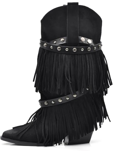 IF Stivali Texani da Donna Western Cowboy Cowgirl in Camoscio Sintetico con Borchie e Frange Rimovibili a 3 Strati Tacco Medio Stile Camperos GA053 Nero N.39