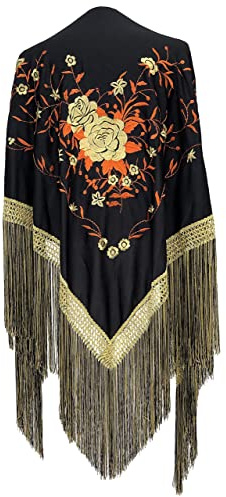 LA SEÑORITA Mantón de Manila Negro con bordados Oro y Naranja flecos doble, Mantones de Flamenca para el Vestido de Feria, Sevillana o Flamenca. [160 x 80 cm] Tamaño Ideal para Mujer