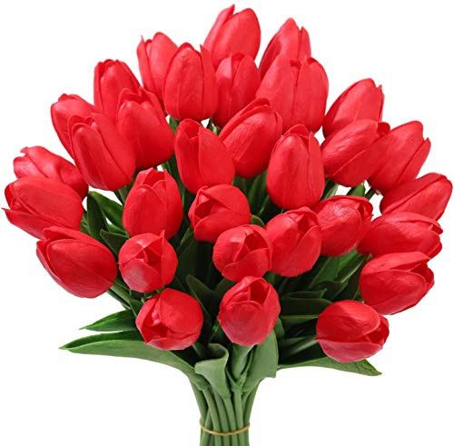 Tifuly 24 pezzi di tulipani artificiali in lattice, realistici bouquet di fiori finti di tulipani per la casa, matrimonio, festa, decorazione dell'ufficio, composizioni floreali (Rosso)