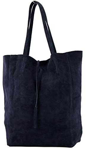 modamoda de T163 Damen Leder Shopper Schultertasche Large mit Innentasche handmade in Italy, Farbe:Dunkelblau Wildleder