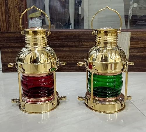 Lanterna in ottone massiccio, stile nautico, fatta a mano, colore rosso/verde, set di 2 decorazioni per la casa rustiche vintage