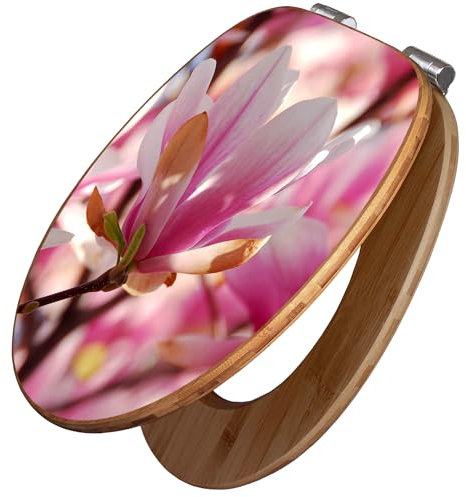 banjado Design WC Sitz Bambus Absenkautomatik 45,8x37,5cm / Toilettendeckel mit Absenkautomatik Holz/hochwertiger Bambus Klodeckel/WC-Sitz für gängigen Toiletten/Motiv Magnolia