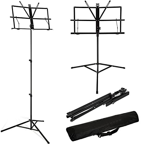 ROCKSTAR - Atril Música con Funda Partituras Metálico Plegable MS01F Viajes Desplazamientos Negro Soporte Ajustable Regulable en Altura