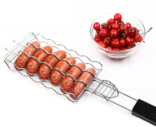 Barbecue à saucisses - Panier de barbecue pour 6 hot-dogs - En métal - Avec longue poignée - Support en maille - Pour pique-nique, cuisine