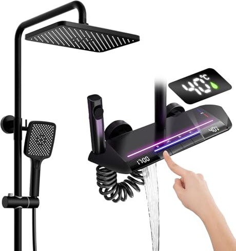QREZAA Columna Ducha Termostatica LED Pantalla Digital Grifo De Ducha Con Tecla De Piano Sistema De Ducha Con Rociador Ducha, Ducha De Mano, Ducha Bidé, Grifo De Bañera, Montada En La Pared (Black)