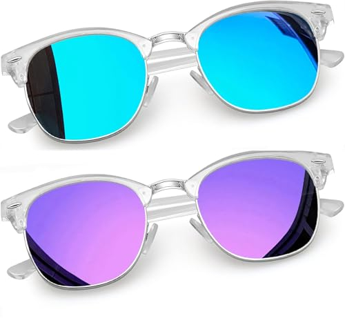 Joopin Transparentes Espejo Azul y Morado 2 Pack Gafas de Sol Mujer Hombre Polarizadas Cuadradas Clásicas Medio Marco Semi-Rimless Protección UV400 para Playa Verano Viaje