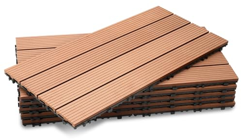 Fiqops 36 Stück WPC Terrassenfliesen, 30x60 cm Balkon Bodenfliese,Gartenfliesen mit Klick-System,Terrassendielen Balkonfliesen Klickfliesen,Terrassendielen Wasserfest für Terrasse,für 6m² Braun