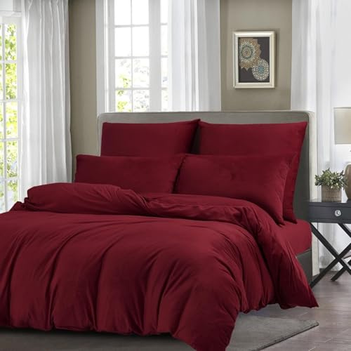 Gezu Copripiumino in flanella 220x240cm Rosso Vino Invernale Set Biancheria da Letto in Velluto Double Face Spesso Morbido e Caldo per 2 Persone con 2 Federe 65x65cm con Cerniera