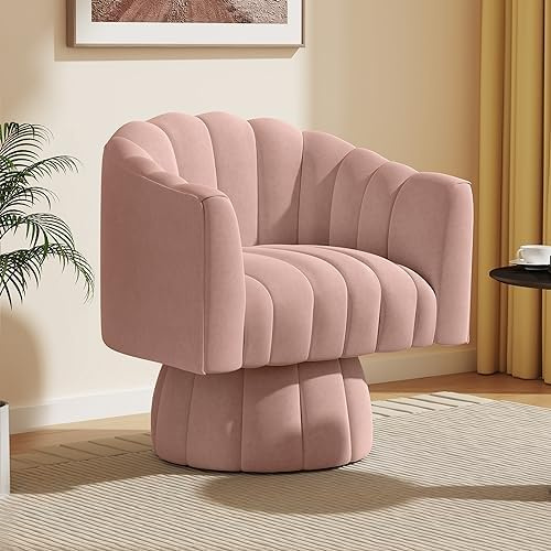 SEYNAR Mid Century - Sillón redondo giratorio de 360 grados con amplio acolchado de terciopelo para salón, dormitorio, oficina, sala de espera (rosa)