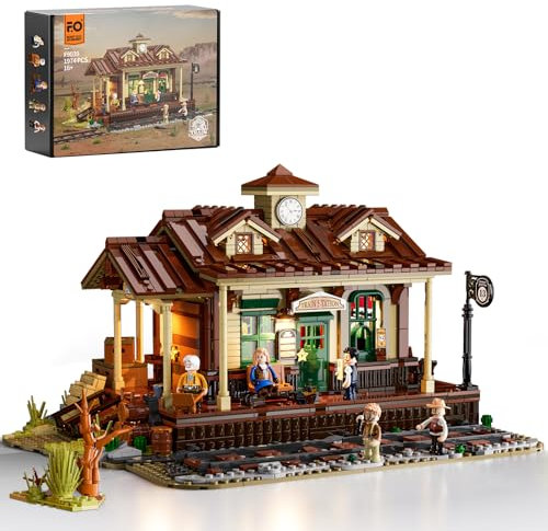 FUNWHOLE Western Station Building Blocks Set with LED Light, 1974 Pieces Building Blocks Train Station Old West Model Train Toy Clamping Blocks for Adults and Teenagers