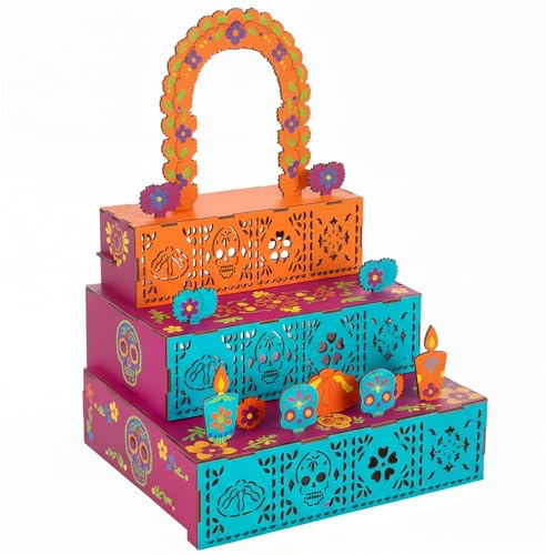 MotiMind Dia De Los Muertos Altar Ofrenda, Wooden Sugar Skull and Candle Papel Picado Day of The Dead Supplies with Photo Frame for Dia De Los Muertos Decor and Indian Diwali Decoration(Arch Style)