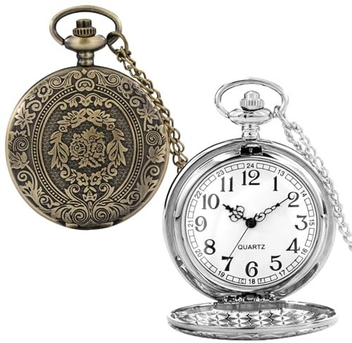 WIYETY 2 Stück Vintage Taschenuhr, Retro Quarz Mit Kette Und Muster, Arabisch Ziffern Für Männer Frauen Geschenke Für Feiertage Und Jubiläen (Bronze+Silber)