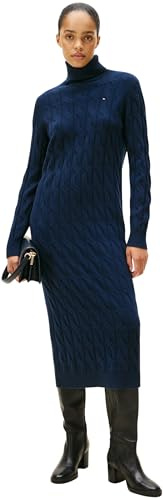 Tommy Hilfiger Donna Abito in Maglia Soft Wool Cable con Collo Alto, Blu (Dark Night Navy), XXL