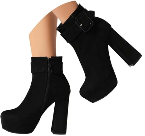 Botas de tobillo para mujer, con cordones, con cremallera, puntera redonda, plataforma de tacón alto, botines cortos para fiesta, botas clásicas, Black, 36 EU