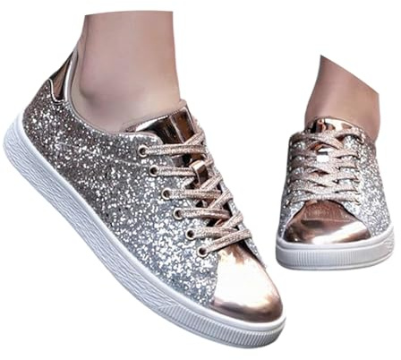 Nuqqichongtian Sneaker con glitter da donna, scarpe da ginnastica con strass, traspiranti, con lacci, leggere paillettes metalliche, scarpe da corsa, scarpe da tennis, comode da donna con glitter