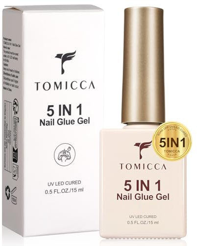 TOMICCA Pegamento de uñas 5 en 1 para uñas postizas, 15 ml, transparente, extra fuerte, para uñas artificiales, fortalecimiento de uñas, capa base para uñas postizas de larga duración, se requiere