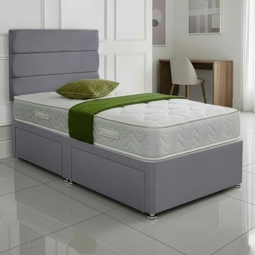 SANA SLEEP Single Bed with Orthopaedic Mattress & 2 Drawers - 3FT (sierra grey Fabric) - Stylish Divan Set for Comfortable Living - Durable Frame for Cosy Bedrooms - Luxurious Bed for Modern Homes