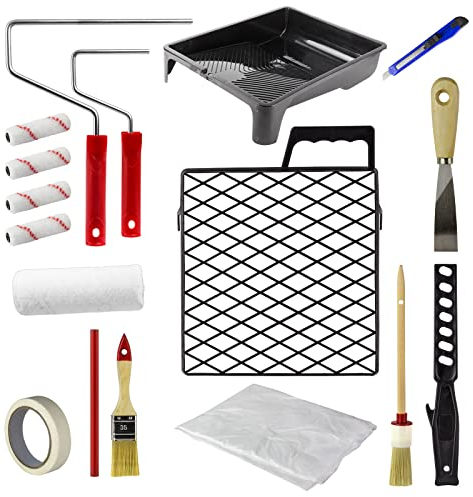 Malerset Streichset Farbrolle Farbwalze Pinsel Spachtel Farbwanne Abtropfgitter Abdeckfolie Kreppband Cutter Maler Set 17tlg.