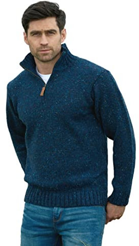 Aran Crafts Herren Irish Cable Knitted Half Zip Sweater (100% Donegal Wolle), Denim, Klein