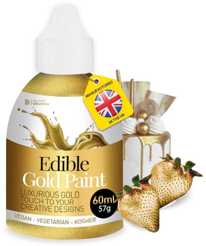 Gold Edible Paint 60 ml - Edible Gold Paint for Cake Decorating – Food Colour Liquid to Use with Sponge, Brush or Thinned with Airbrush – Vegan, Vegetarian Suitable