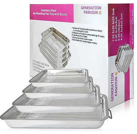 New with Gift Box 4 Pcs Professional Stainless Steel Roasting Trays with Removable Rack Pan Kitchen Cooking Baking Sturdy Handles Built to Last for Years Oven Roasting Pan