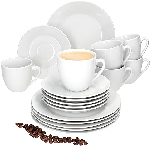 MamboCat Tommy Service à café 18 pièces I Service à café en porcelaine blanche pour 6 personnes I 6 tasses à café, soucoupes et assiettes à gâteau I Vaisselle chic pour petit déjeuner et café, gastro,