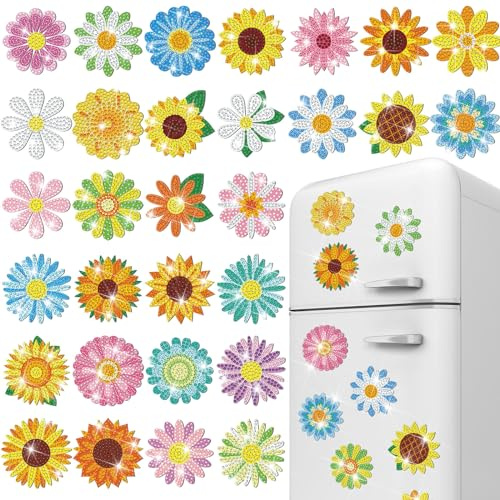 Copkim 30 Pcs Diamond Art Magnets Refrigerator Easy Art Kits Fridge Diamond Painting Magnets Stickers for Adults DIY Home Decors Flower Butterfly(Daisy)