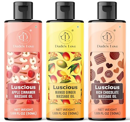 Valentine Day Gift - Luscious Flavored Body Massage Oils | Relaxing & Skin Nourishing | Pack of 3 - Apple Cinnamon, Mango Ginger, Rich Chocolate (3 x 50ML)