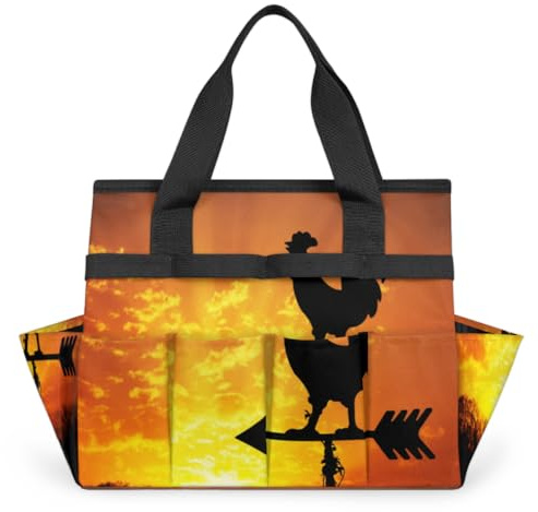 Rooster Weather Vane Pattern Garden Tool Bag with 10 Pockets Easy Access Garden Tote Storage Bag Wear-Resistant & Reusable with 2 Handles Gardening Gifts 13 X 2.8 X 6.8