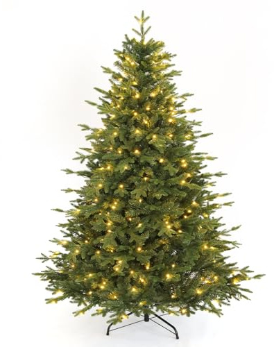 Sapin de Noël Artificiel de 180CM en PE & PVC avec 250 LED (Ø env. 124 cm) avec Neige, 1000 Pointes de Branches, Charnières en Métal & Support Pliable, Xmas Sapin pour Maison, Fête, Décoration de Noël