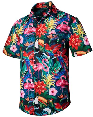 Rithern Hawaiian Shirts for Men Summer Short Sleeve Casual Funky Men Hawaii Shirt Print Tropical Aloha Beach Wedding Holiday Multicolour L