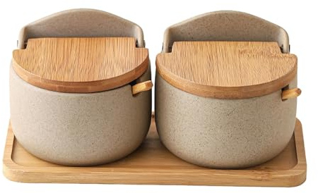 Sionhiuo Rustic Artisan Salt Container, 2 x Ceramic Salt Containers with Wooden Spoon and Lid, Salt Holder for Counter, Box, Restaurant Household Salt and Sugar Bowl Set, approx. 22.8 x 10.8 x 9.5 cm