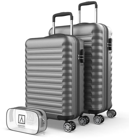NUMADA-Juego de Maletas Rígidas 3pzs. Maleta Cabina 53cm, Maleta Mediana 63cm y Neceser. Set de Maletas de Viaje ABS Eco Friendly, 4 Ruedas Dobles, Resistentes, Ligeras y Seguras (Gris)