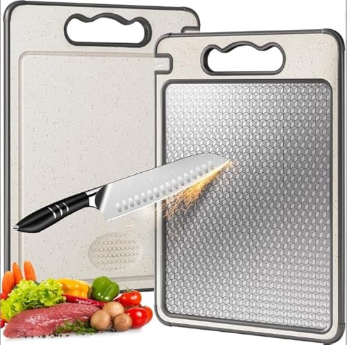 Vasmeiy Doppelseitiges Titan-Schneidebrett mit Reisschalen-Faser, Lebensmittelqualität, rutschfestes Schneidebrett, kratzfestes Netzdesign, Saftrille, zum Schneiden von Fleisch, Brot, Gemüse und Obst