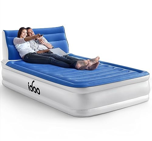 iDOO Double Air Bed with Headboard, Inflatable Mattress with Built-in Electric Pump, Comfort Blow Up Bed, Self-inflating Guest Air Mattress, Blue