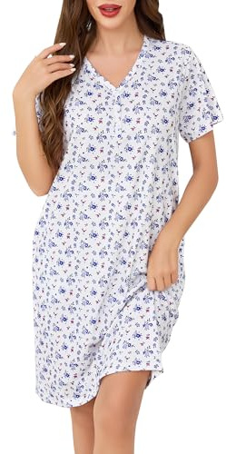 Wikoan Women's Nighties,Button Front Cotton Nightdress Floral Print Nightshirt Nightgowns Summer Loungwear Sleepwear S-3XL